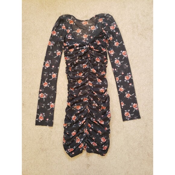 Zara Floral Print Tulle Mini Dress Ruched Semi Sheer Size XS Black/Multi Zip - Picture 1 of 7